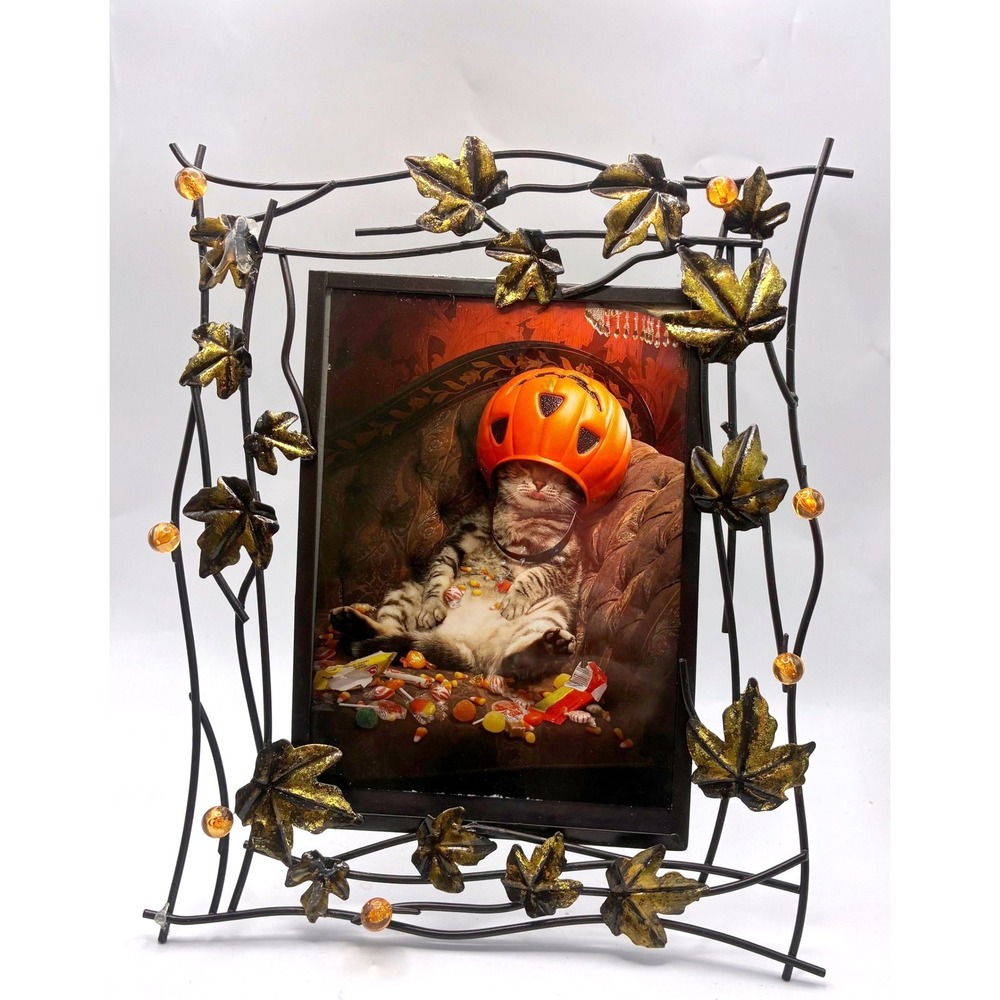 Whimsical Halloween Cat Picture Metal Frame 8x10 Black Gold Vine Leaf Decor
